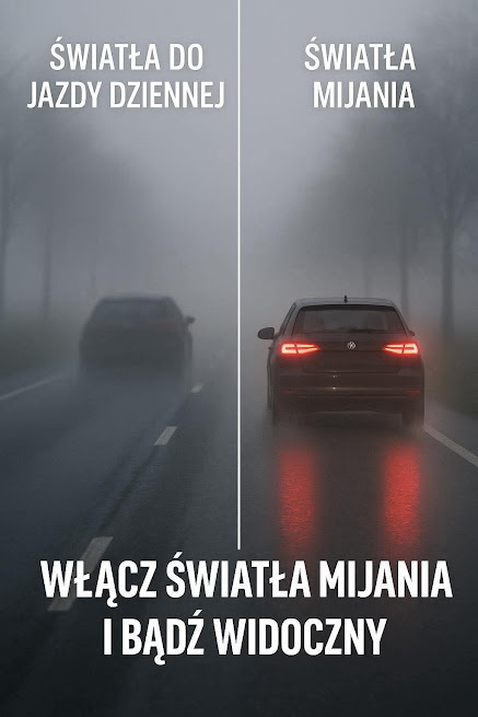 Jadąc w mgle zmień światła dzienne na światła mijania